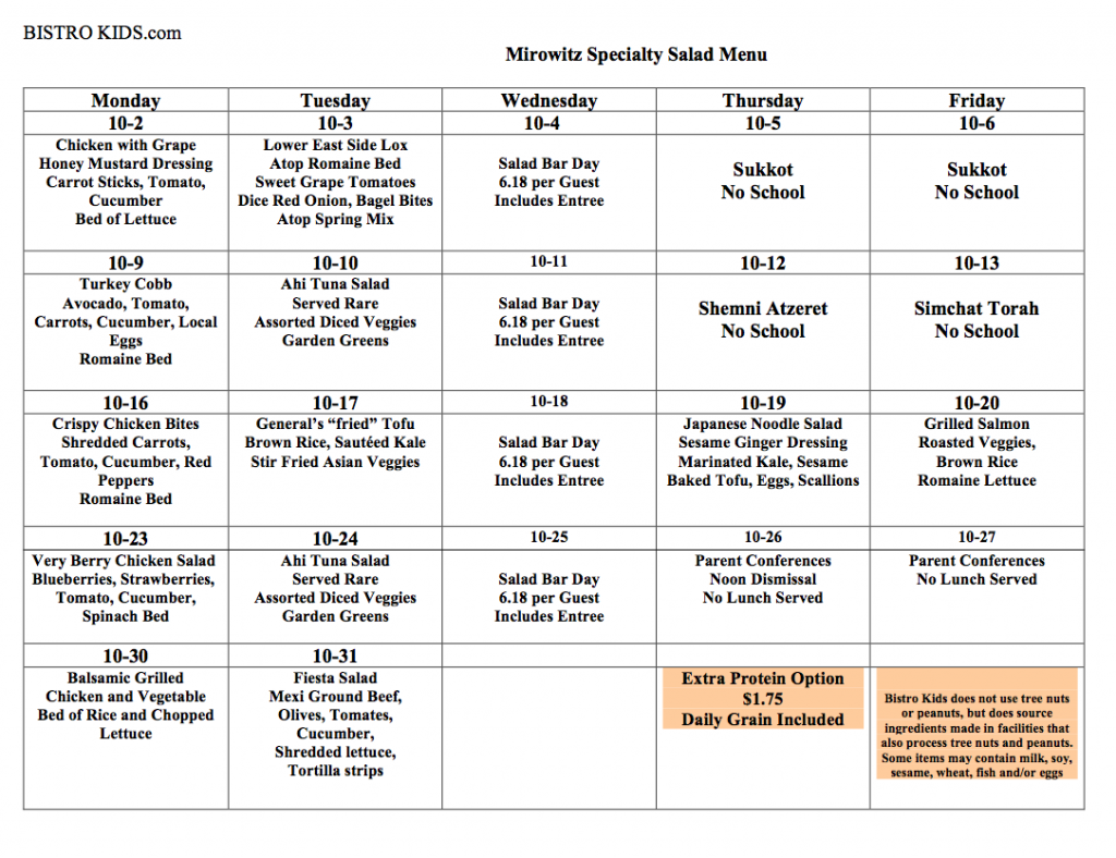 Lunch Menu | Saul Mirowitz Jewish Community School