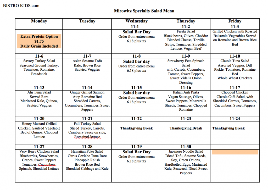 Lunch Menu | Saul Mirowitz Jewish Community School