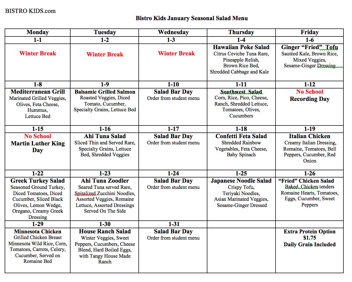 Lunch Menu | Saul Mirowitz Jewish Community School