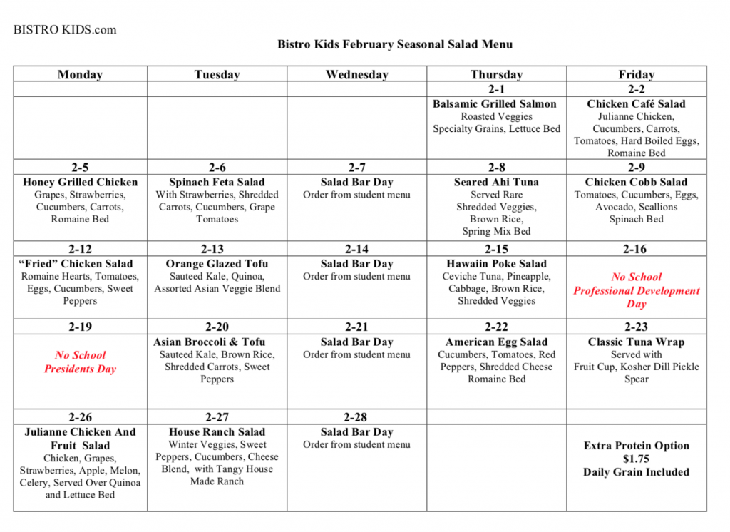 Lunch Menu | Saul Mirowitz Jewish Community School