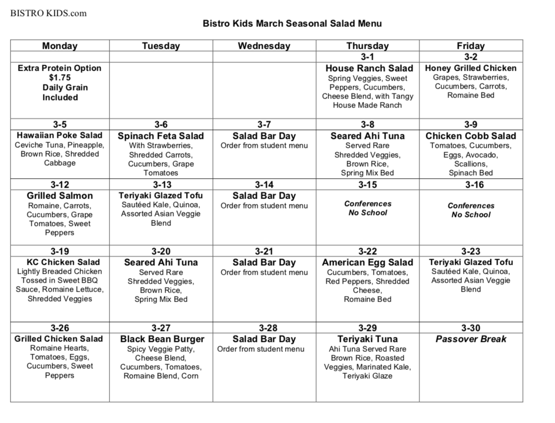 Lunch Menu | Saul Mirowitz Jewish Community School