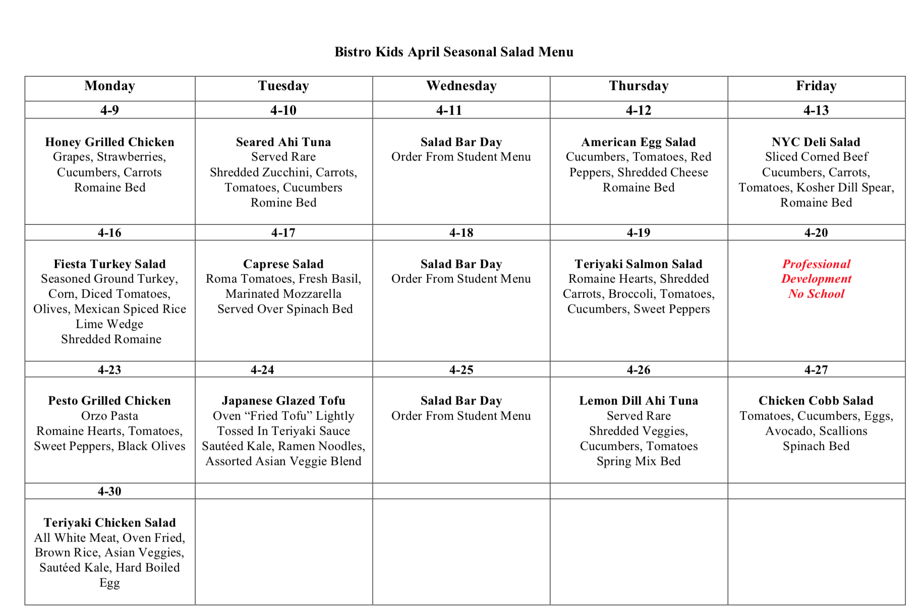 Lunch Menu | Saul Mirowitz Jewish Community School