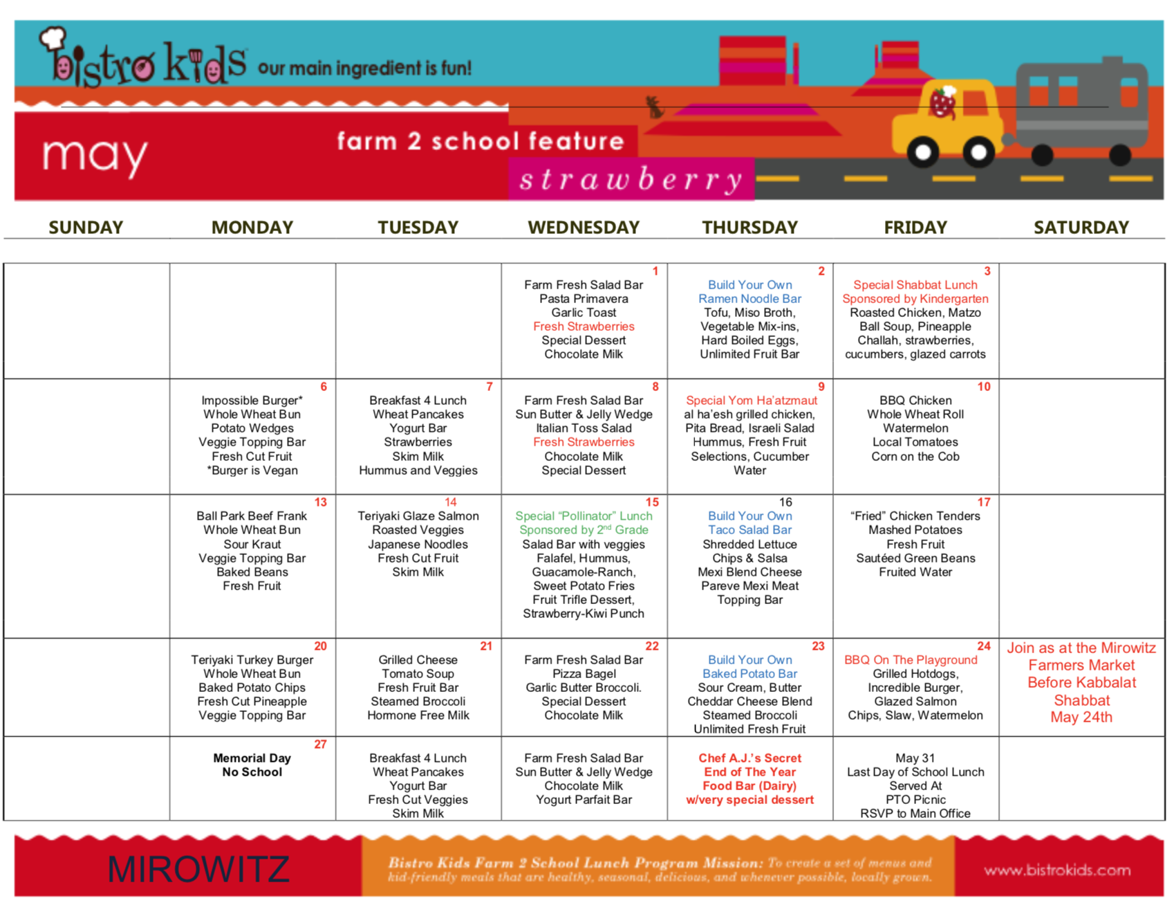 Lunch Menu Saul Mirowitz Jewish Community School