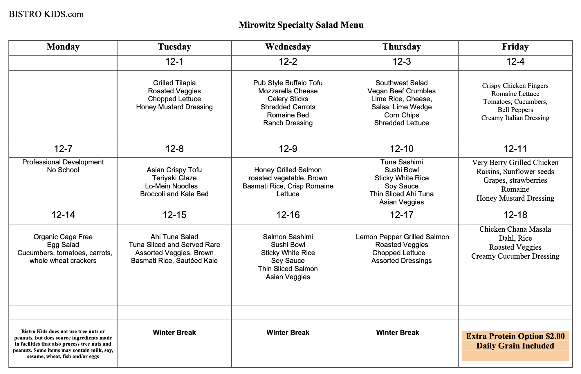 Lunch Menu - Saul Mirowitz Jewish Community School