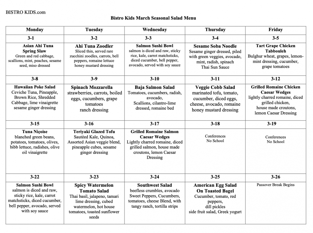 Lunch Menu - Saul Mirowitz Jewish Community School