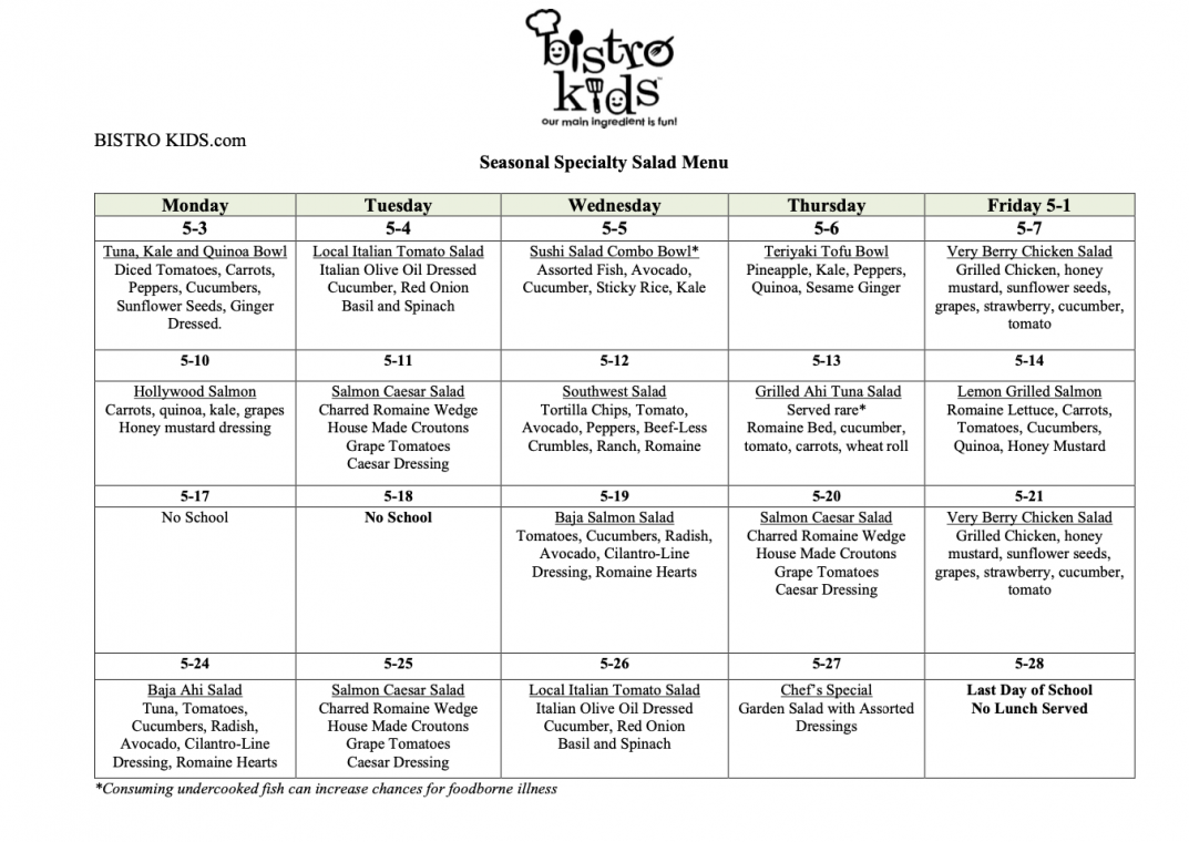 Lunch Menu - Saul Mirowitz Jewish Community School