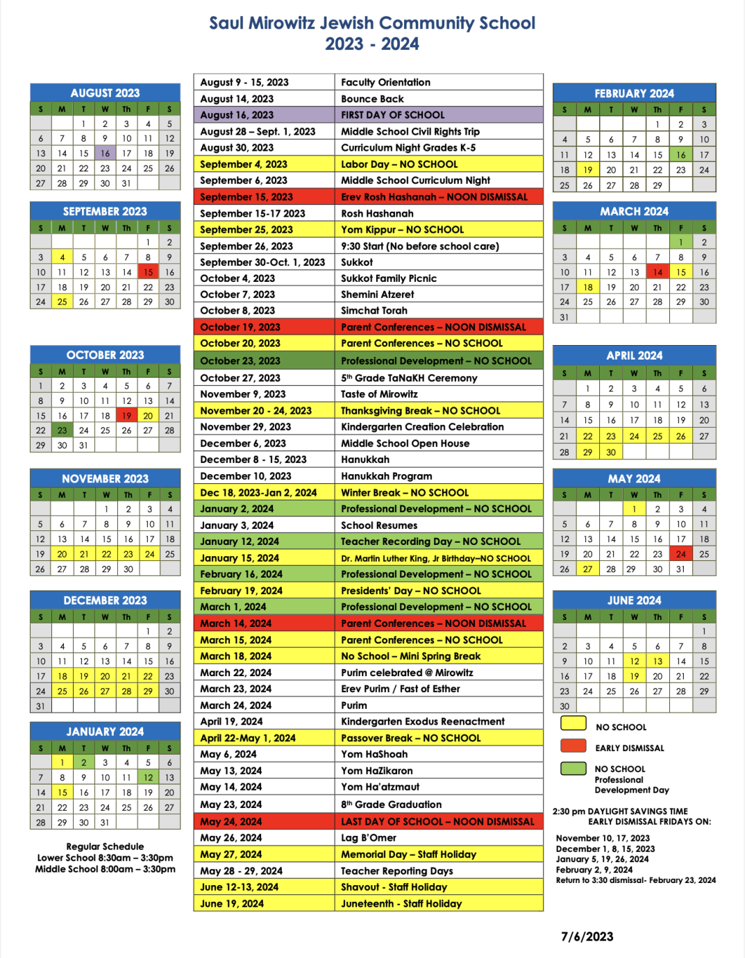 Academic Calendar - Saul Mirowitz Jewish Community School